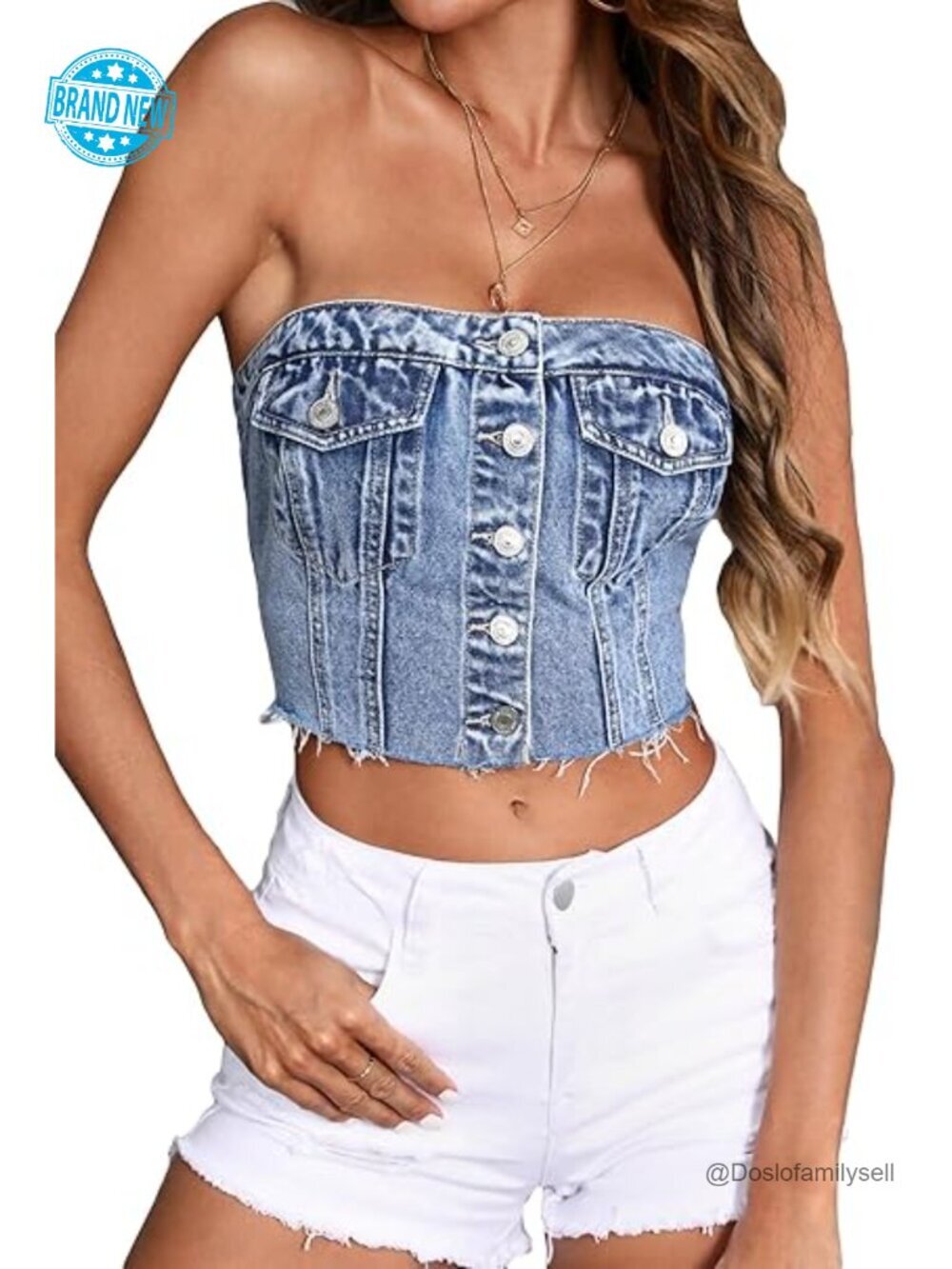 Strapless Denim Button Up Crop Tube Top Raw Hem Stretch Fit